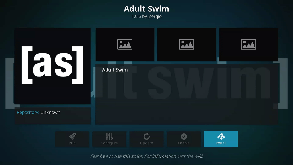 Click Install Button for Adult Swim KODI TV Addon Installation from Diamond Wizard Repo
