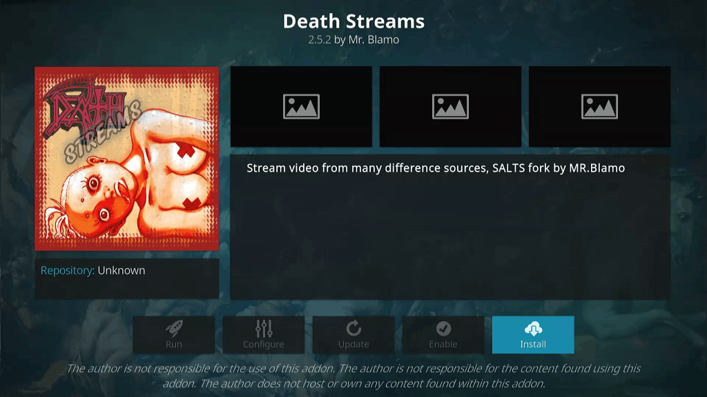 Click Install Button for Death Streams KODI TV Addon Installation from Mr Blamo Repo