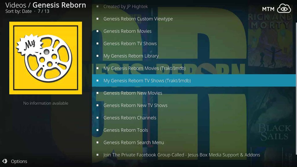 Genesis Reborn Kodi TV Addon Clean Navigation Categories