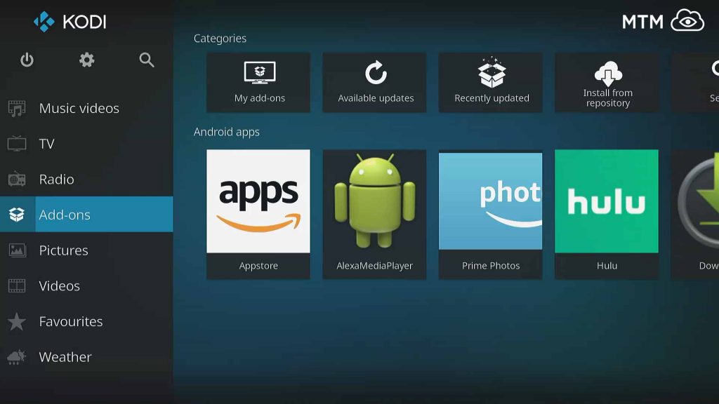 kodi main menu add-ons item for exodus movie streaming addon from kodibae repository