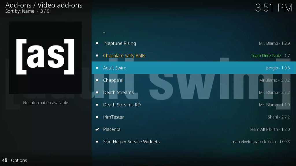 Select Adult Swim KODI TV Addon for Installation from Diamond Wizard Repo Video add-ons