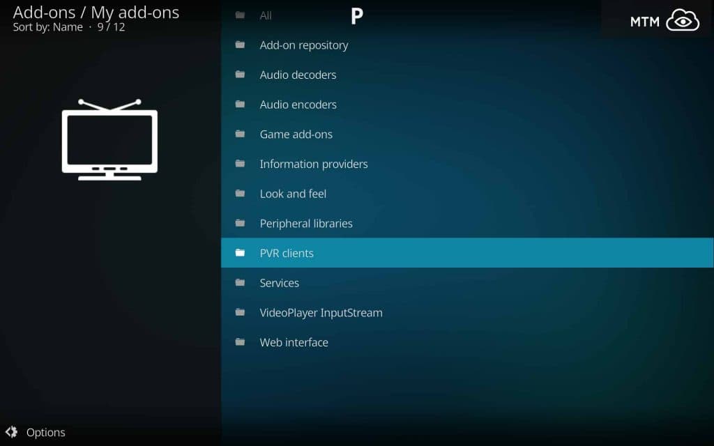Choose PVR Clients in Kodi My Add-ons