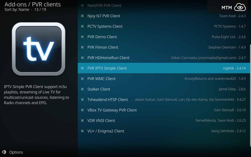 Click on the PVR IPTV Simple Client M3U Player