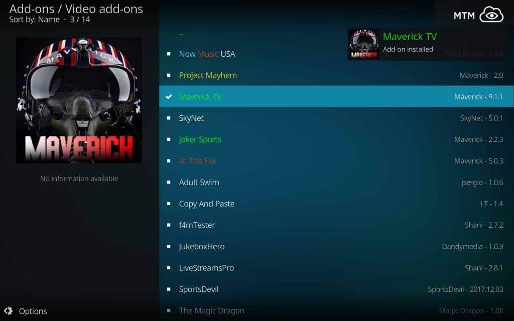 Maverick TV Add-on Installed Dialog