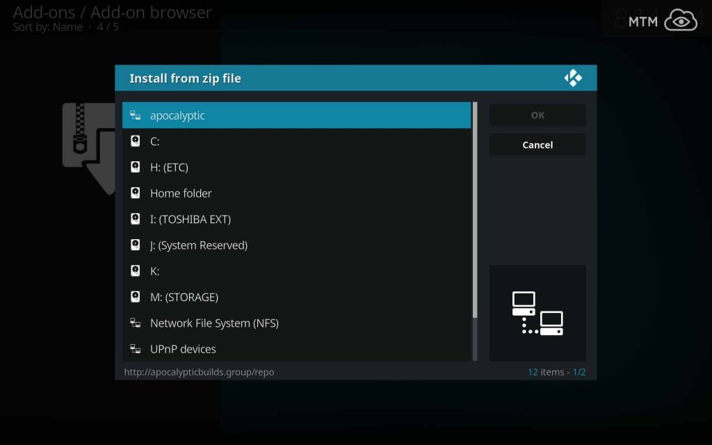 Choose apocalyptic Kodi Source Location Item