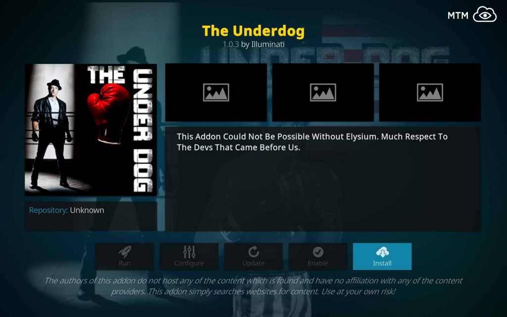 Click Install Button for The Underdog Addon from Illuminati