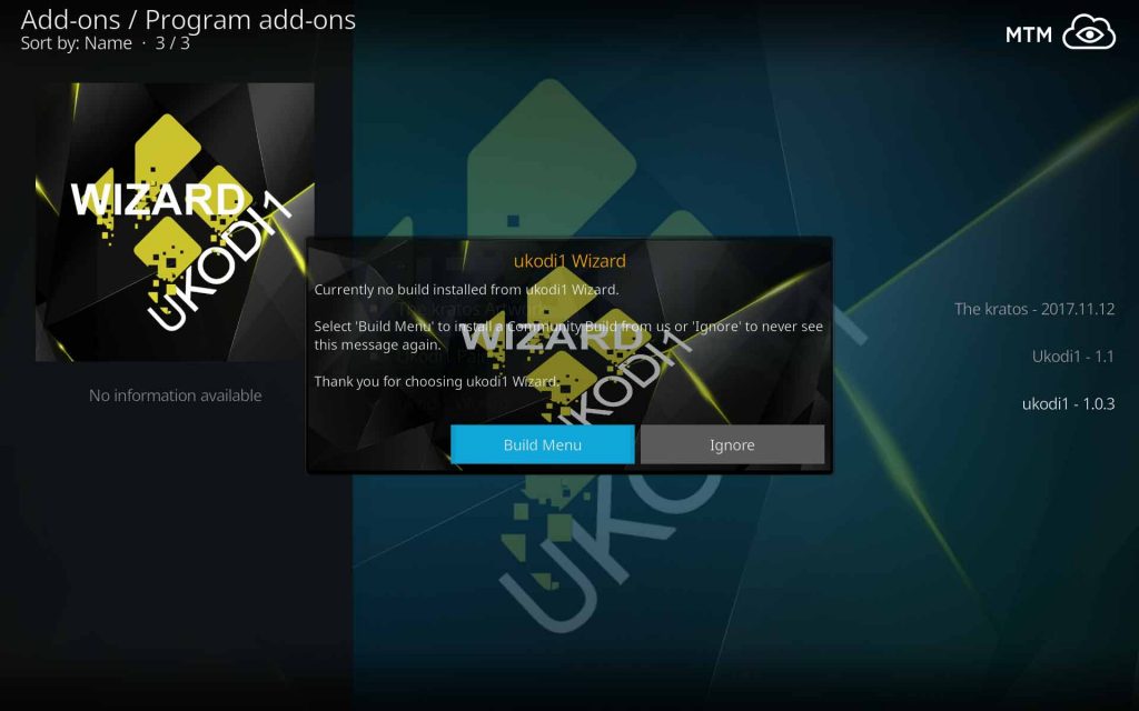 First UKodi1 Builds Wizard Run Build Menu Prompt