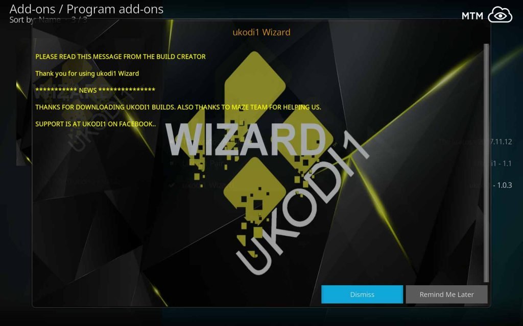Read and Dismiss UKodi1 Wizard News Dialog
