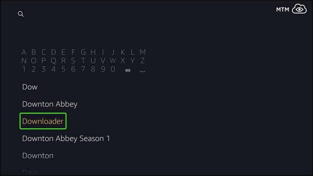 Scroll Down and Click Downloader in Search Results for teatv on firestick