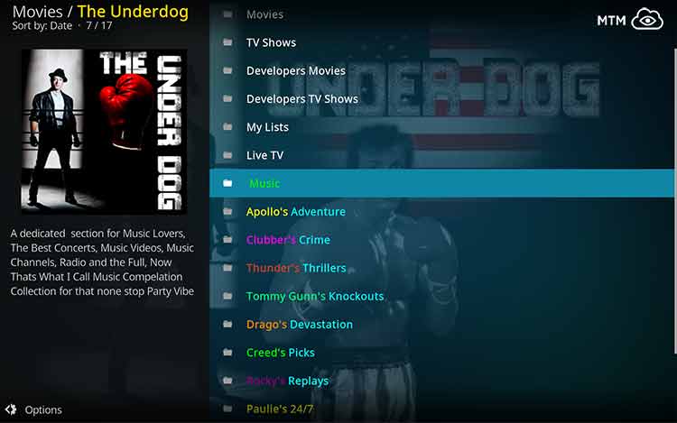 The Underdog Kodi Addon Top Level Categories