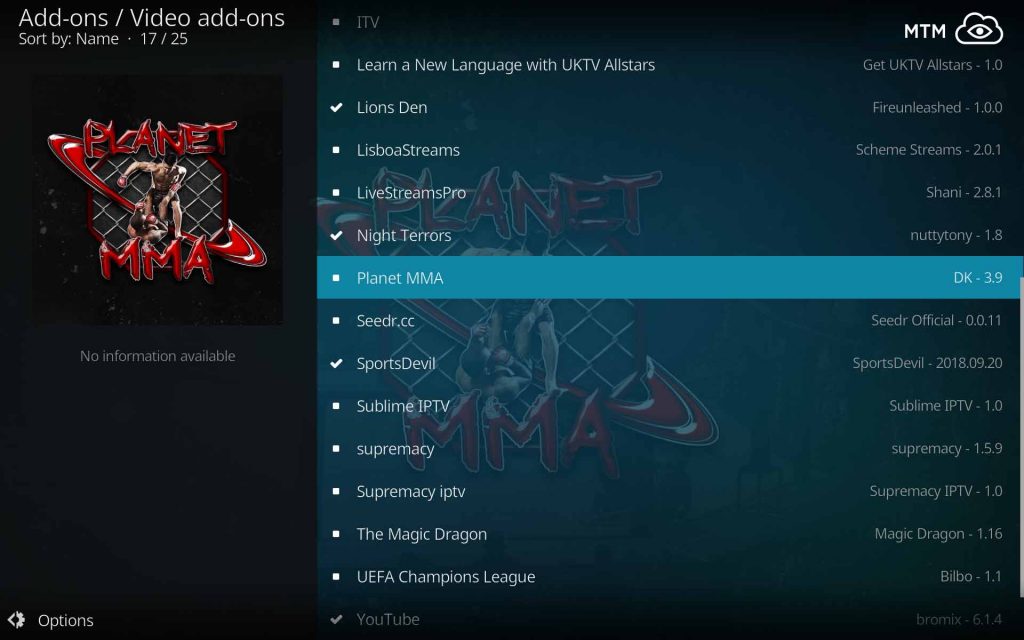 Choose Planet MMA for Install from Supremacy Repo Video Add-ons