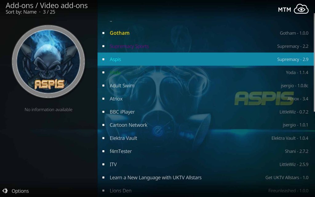 Select Aspis to Install from Supremacy Video Add-ons