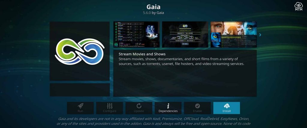 Push Install Button for Gaia Kodi TV Addon Bubbles fork Installation