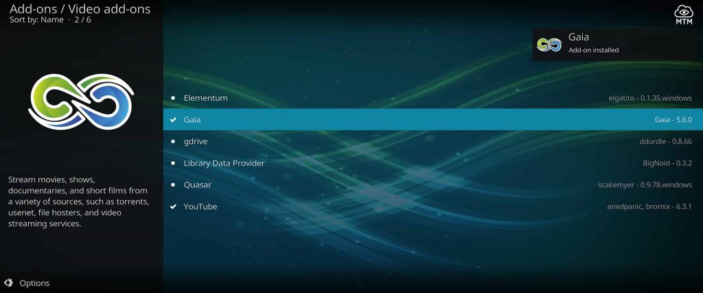 Kodi Gaia Bubbles Fork TV Addon Installed