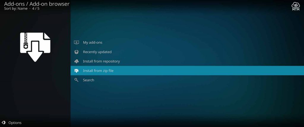 click for zip file installation in kodi 18 leia
