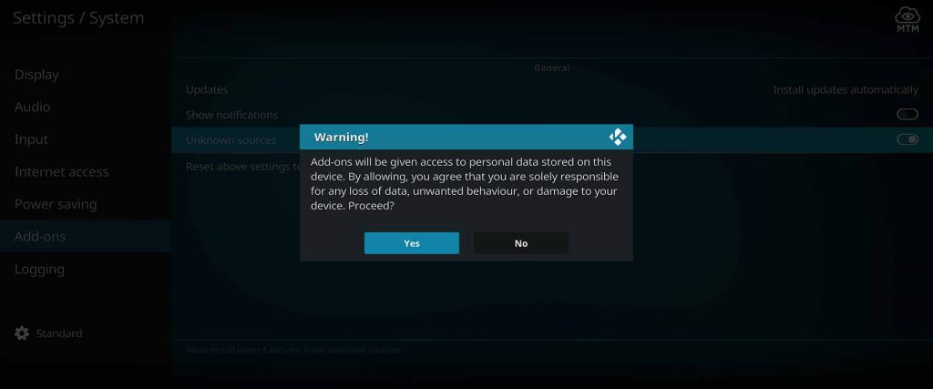 accept warning about allowing unknown sources in kodi