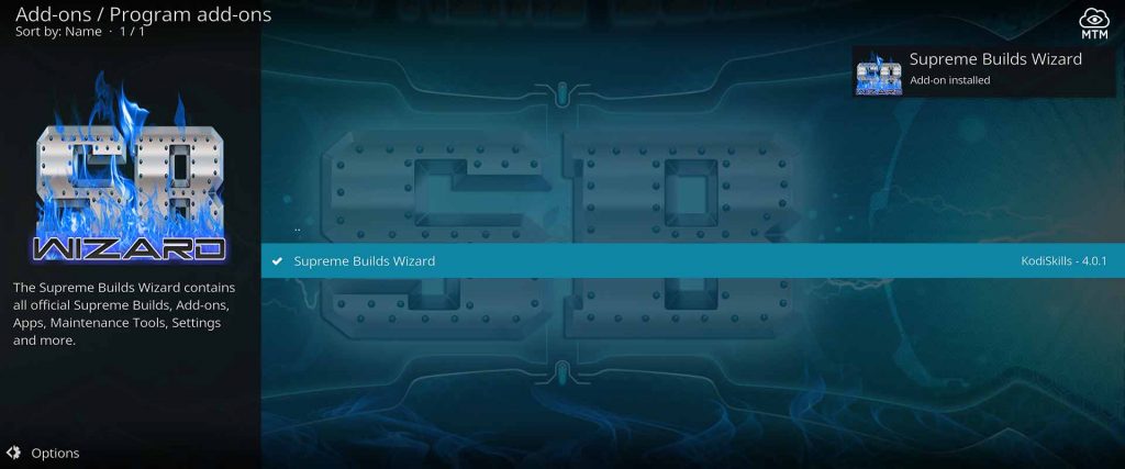 Supreme Builds Wizard Add-on Installed on kodi firestick