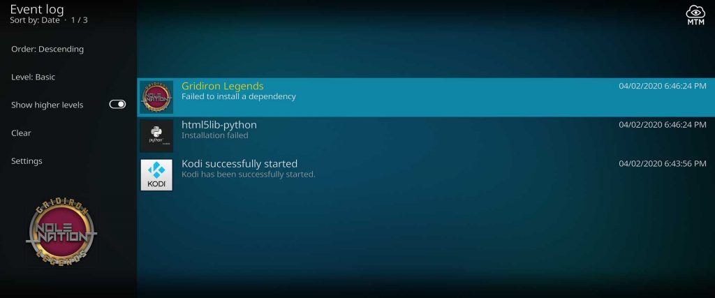 kodi sports addon gridiron legends failed to install dependency error