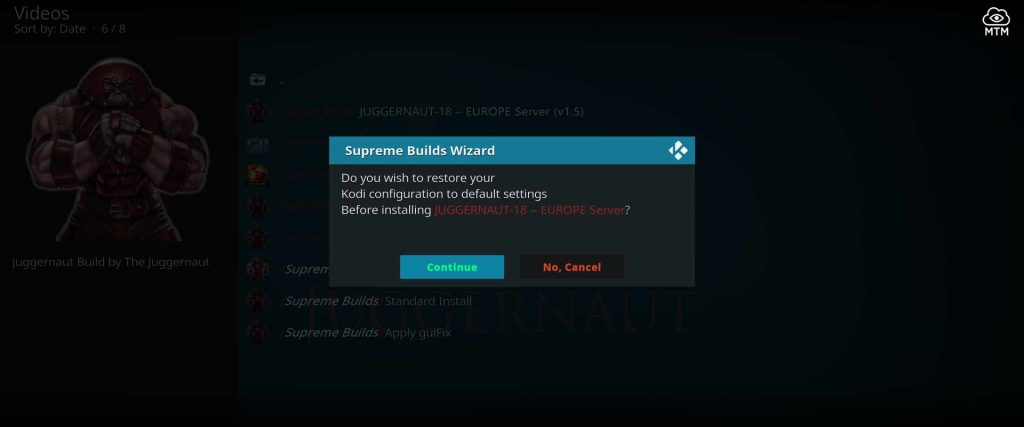 reset kodi to factory specs for juggernaut build install