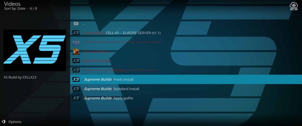 fresh install setup of supreme wizard builds cell-x5 kodi build