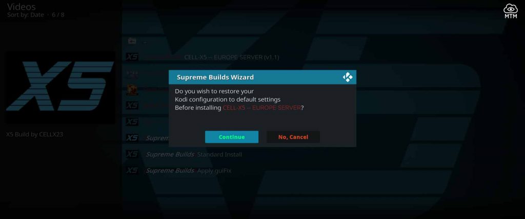 confirm clean factory reset of kodi for fresh cell-x5 build install