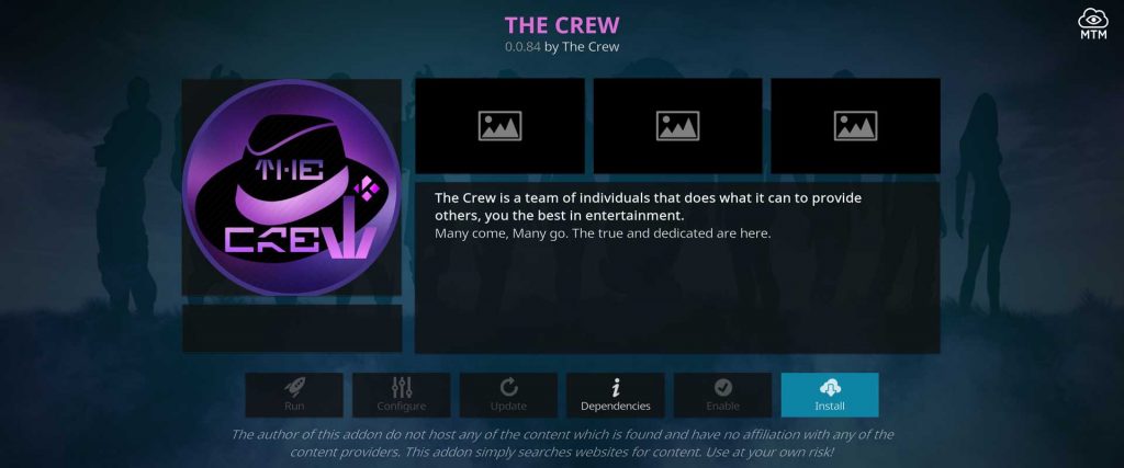 the crew video addon install button