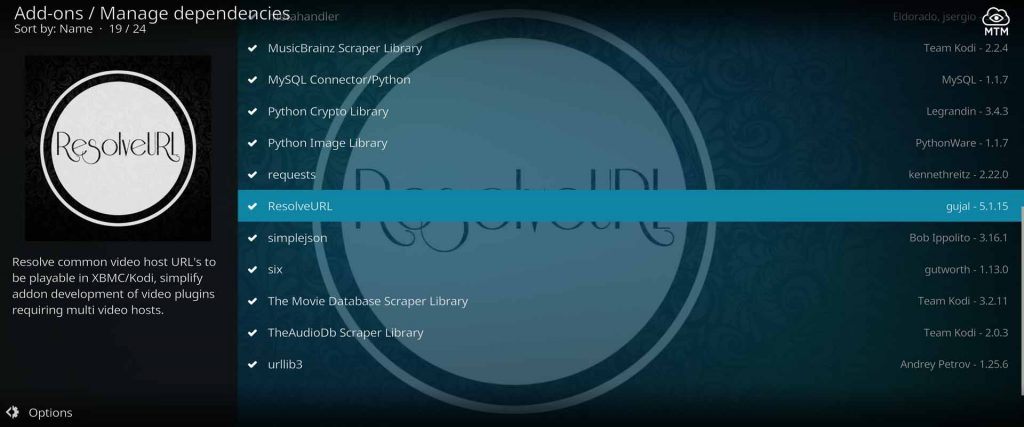 manage resolveurl kodi dependency
