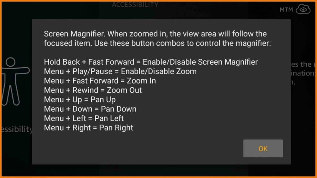 Amazon Fire TV Stick Zoomed In Accessibility Screen Magnifier Dialog Explains How to Zoom Out