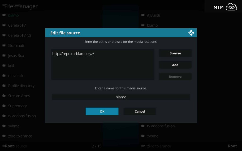 Double Check Kodi Repository Source URL and Name Input for Errors then Click OK