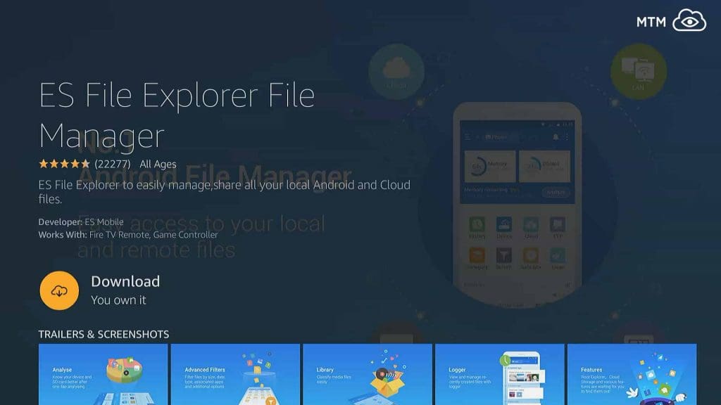 Download and install ES File Explorer APK for free from Amazon App Store as part of jailbreaking an Amazon Fire Stick