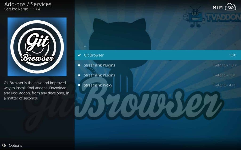 Kodi Git Browser within TVAddons Repo Services Menu for GitHub