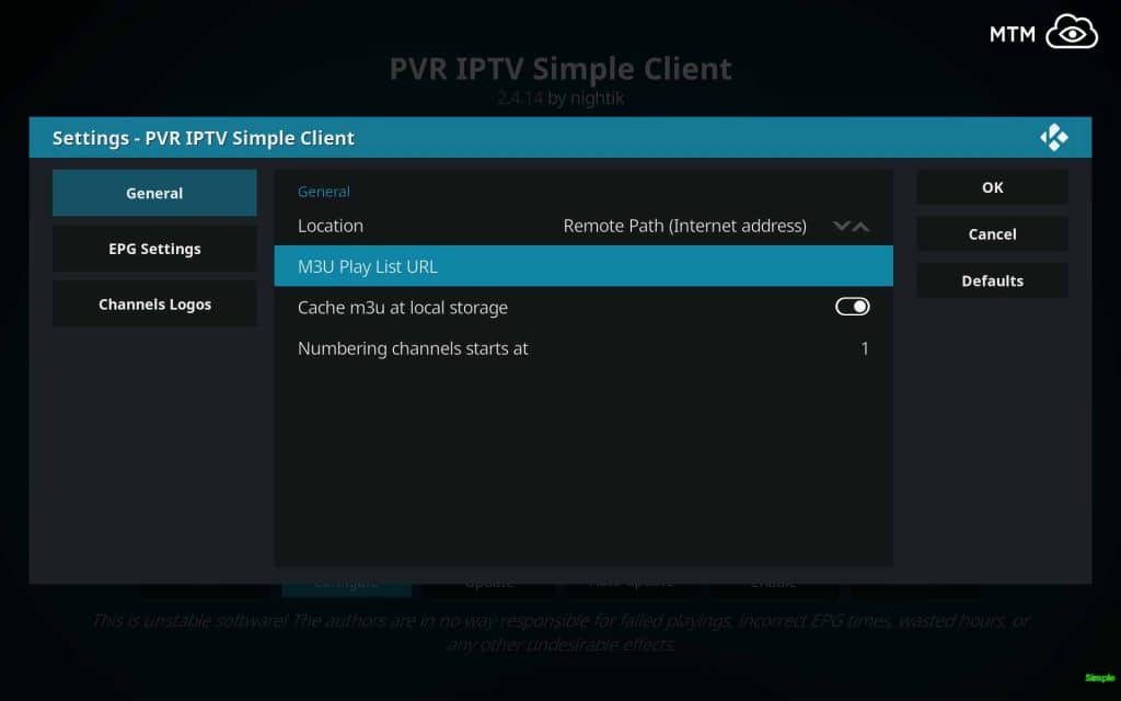 Click M3U Play List URL in PVR IPTV Simple Client General Settings