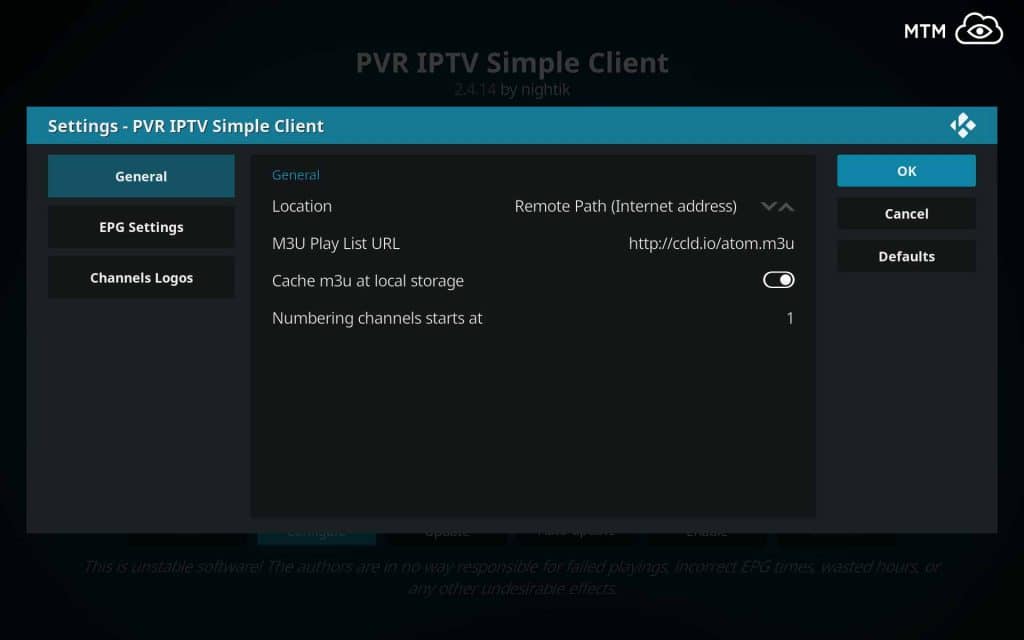Click OK to Save the M3U Play List URL in Kodi IPTV Settings