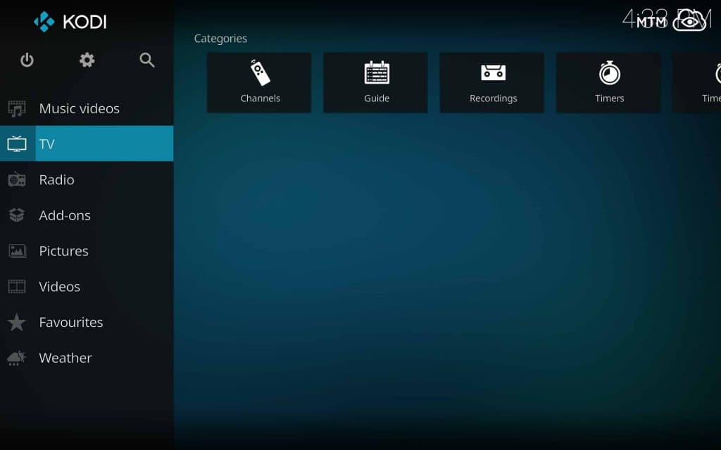 Click TV (NOT TV Shows) Kodi Menu Item