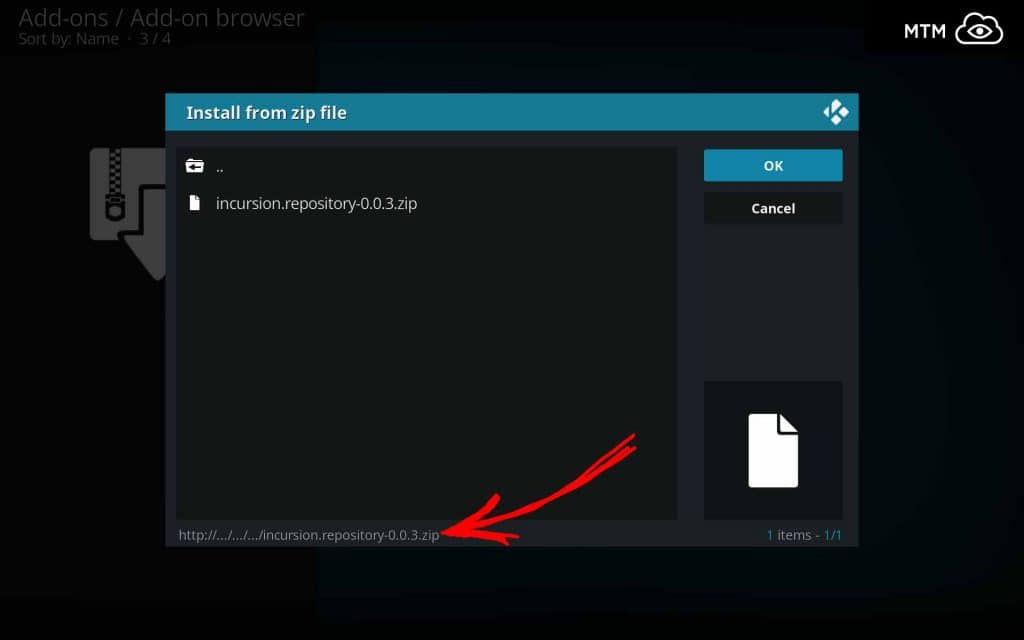 Note the Incursion repository zip file within the addons4kodi source location is still selected