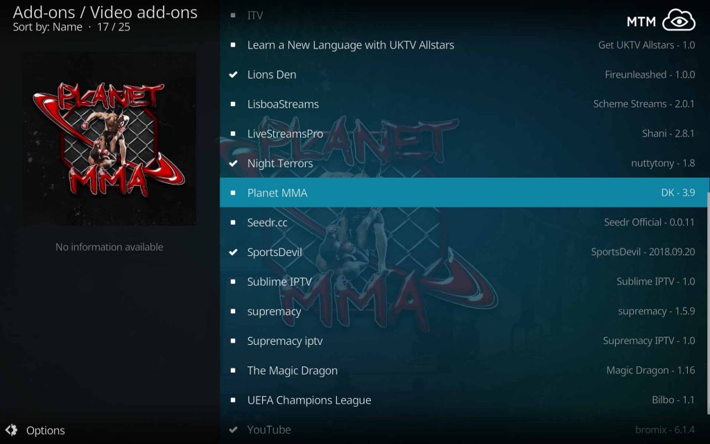 Choose Planet MMA for Install from Supremacy Repo Video Add-ons