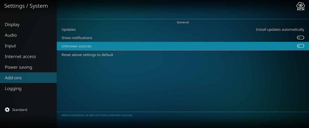 Click Unknown Sources in Add-ons Kodi System Settings Menu to Allow