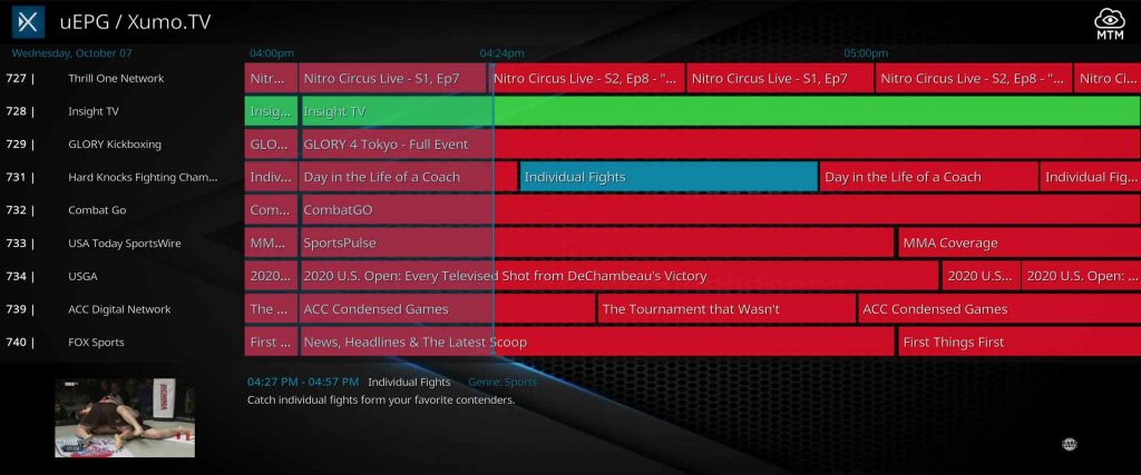 MMA Fight and Fox Sports in Xumo.TV IPTV Kodi Addon